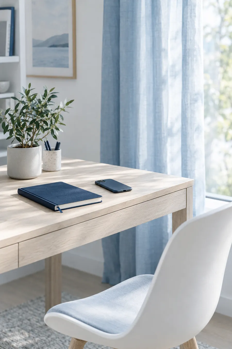 A quiet home office desk with a notebook and plant in morning light
