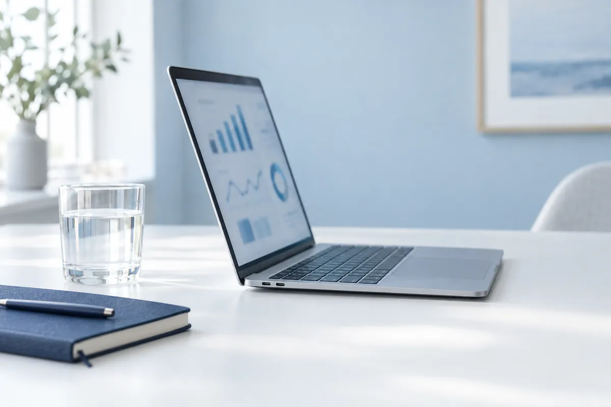 A laptop on a linen-covered table showing an abstract dashboard