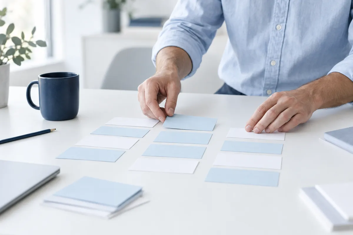 Hands arranging index cards into columns during a strategy session